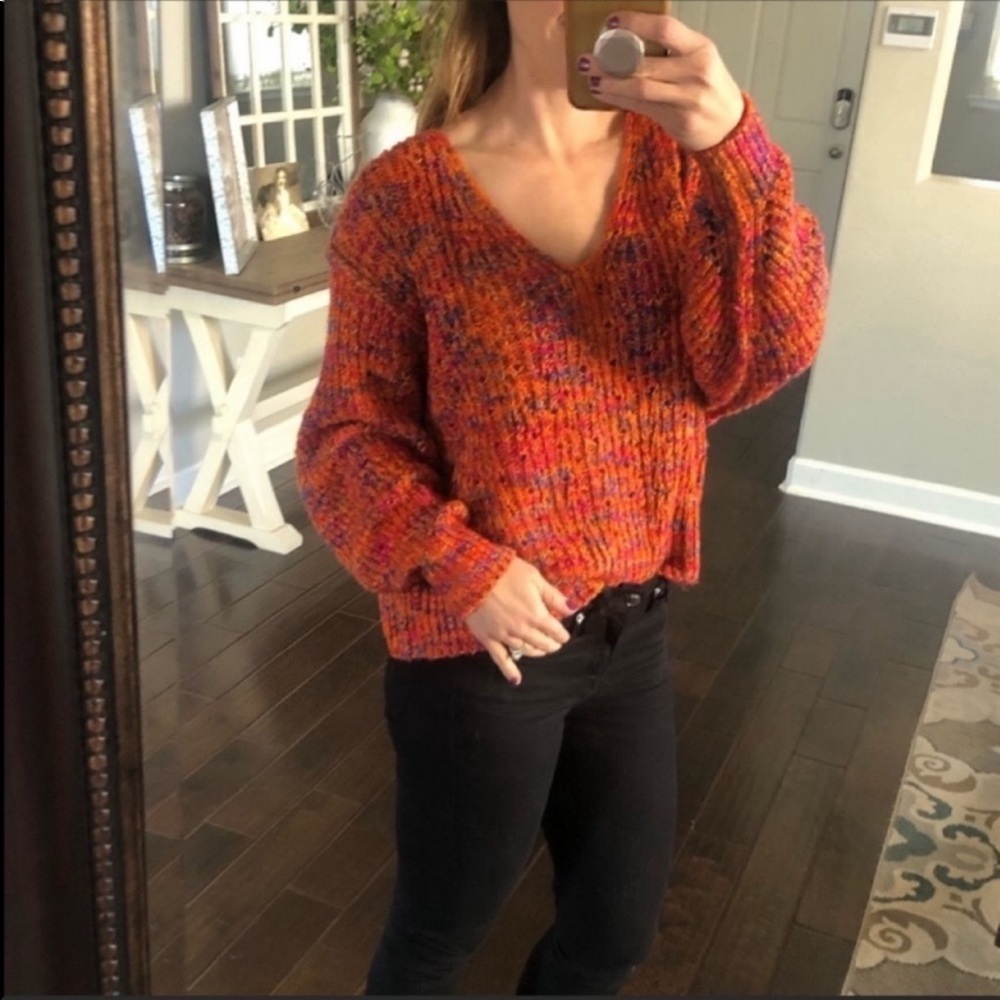 Free People Colorful Knit V-Neck Sweater